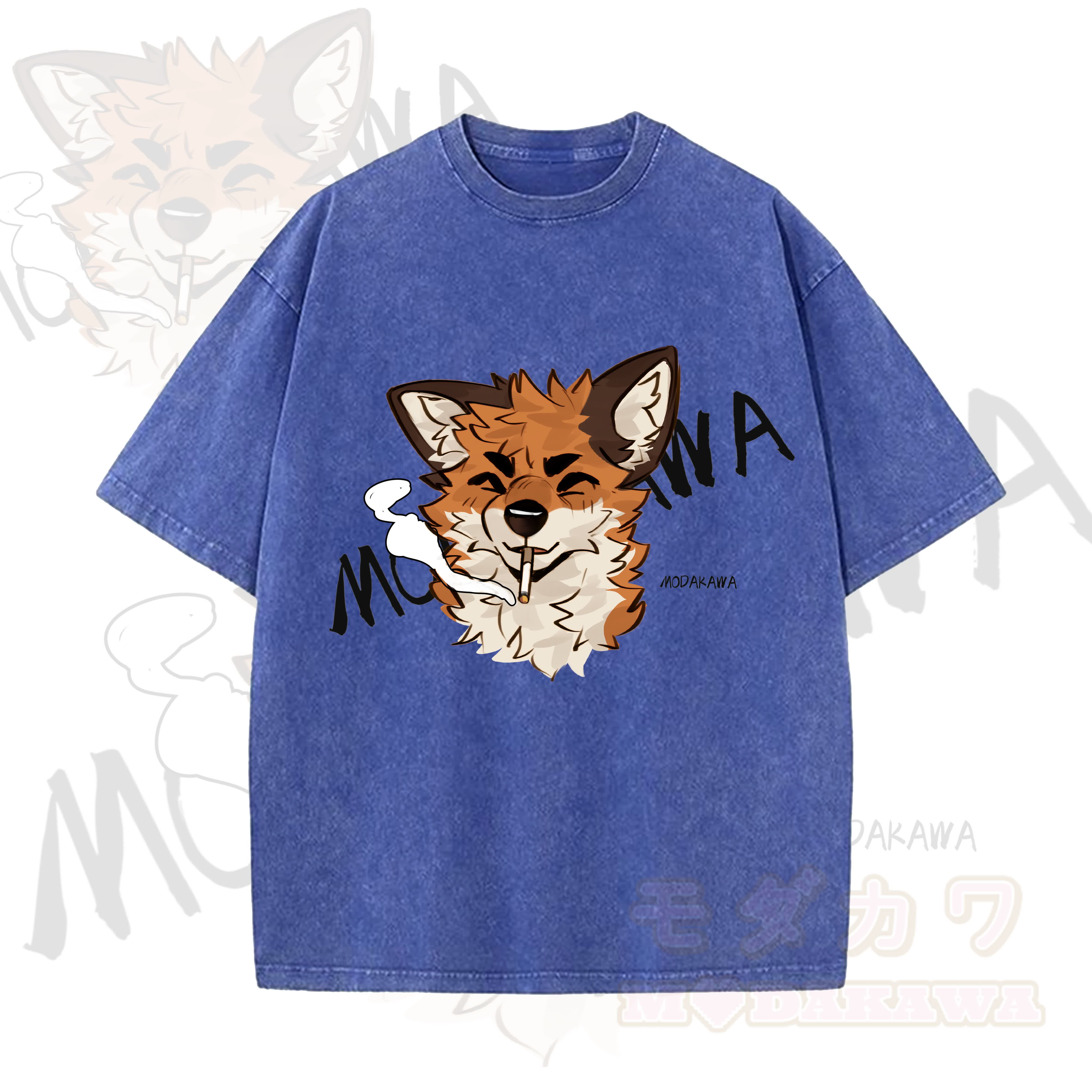 MODAKAWA X atka Lustiges Fuchs-Grafik-Vintage-Waschungs-T-Shirt - Blau - 5XL - image 9