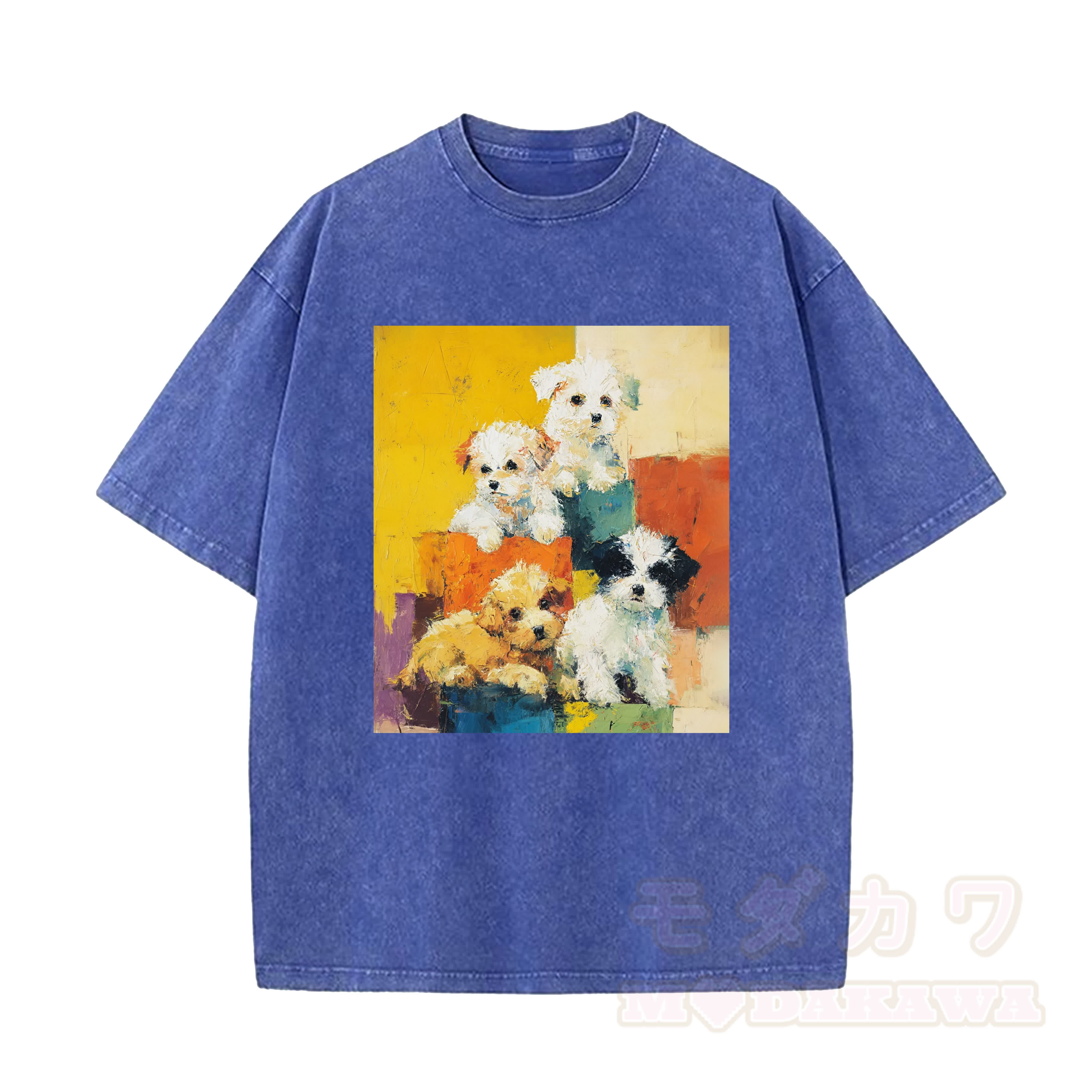 MODAKAWA T-Shirt im Vintage-Waschungs-Look mit niedlichem Hundemotiv - Blau - 5XL - image 7