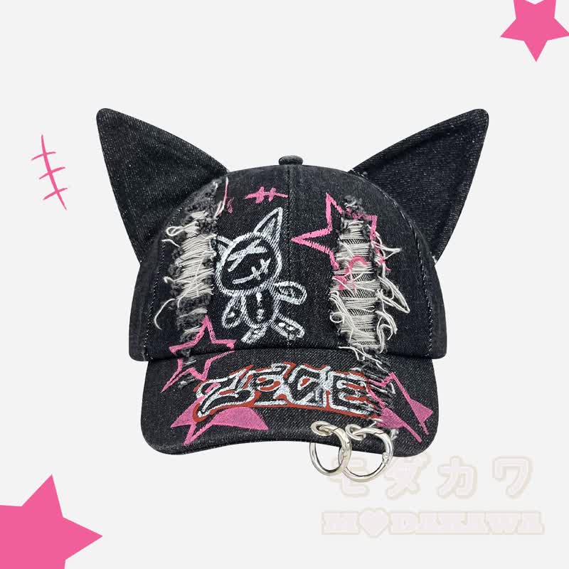 Y2K Distressed Denim Cat Ear Gothic Summer Baseball Cap - Schwarz - One Size - image 1