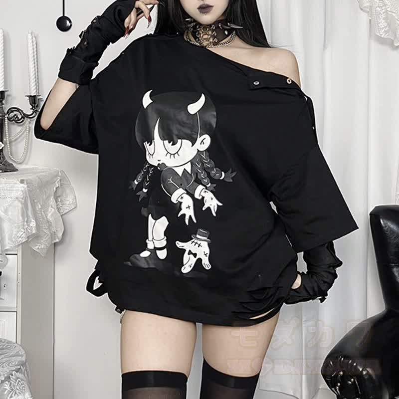 Süßes Kawaii-Teufelsmädchen-Print, Oversize-T-Shirt mit schulterfreiem Oberteil und kurzen Ärmeln - Schwarz - L - image 1