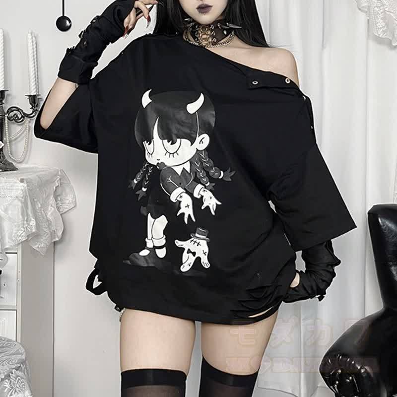 Süßes Kawaii-Teufelsmädchen-Print, Oversize-T-Shirt mit schulterfreiem Oberteil und kurzen Ärmeln - Schwarz - L - image 1