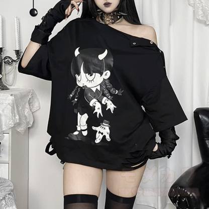 Süßes Kawaii-Teufelsmädchen-Print, Oversize-T-Shirt mit schulterfreiem Oberteil und kurzen Ärmeln - Schwarz - L - image 1