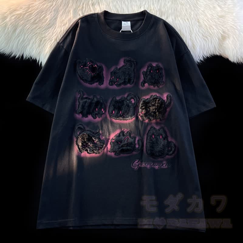  Y2K Vintage T-Shirt mit Katzenprint aus beflockter Baumwolle, locker geschnitten, Oversized, Kurzarm - Schwarz - 2XL - image 1