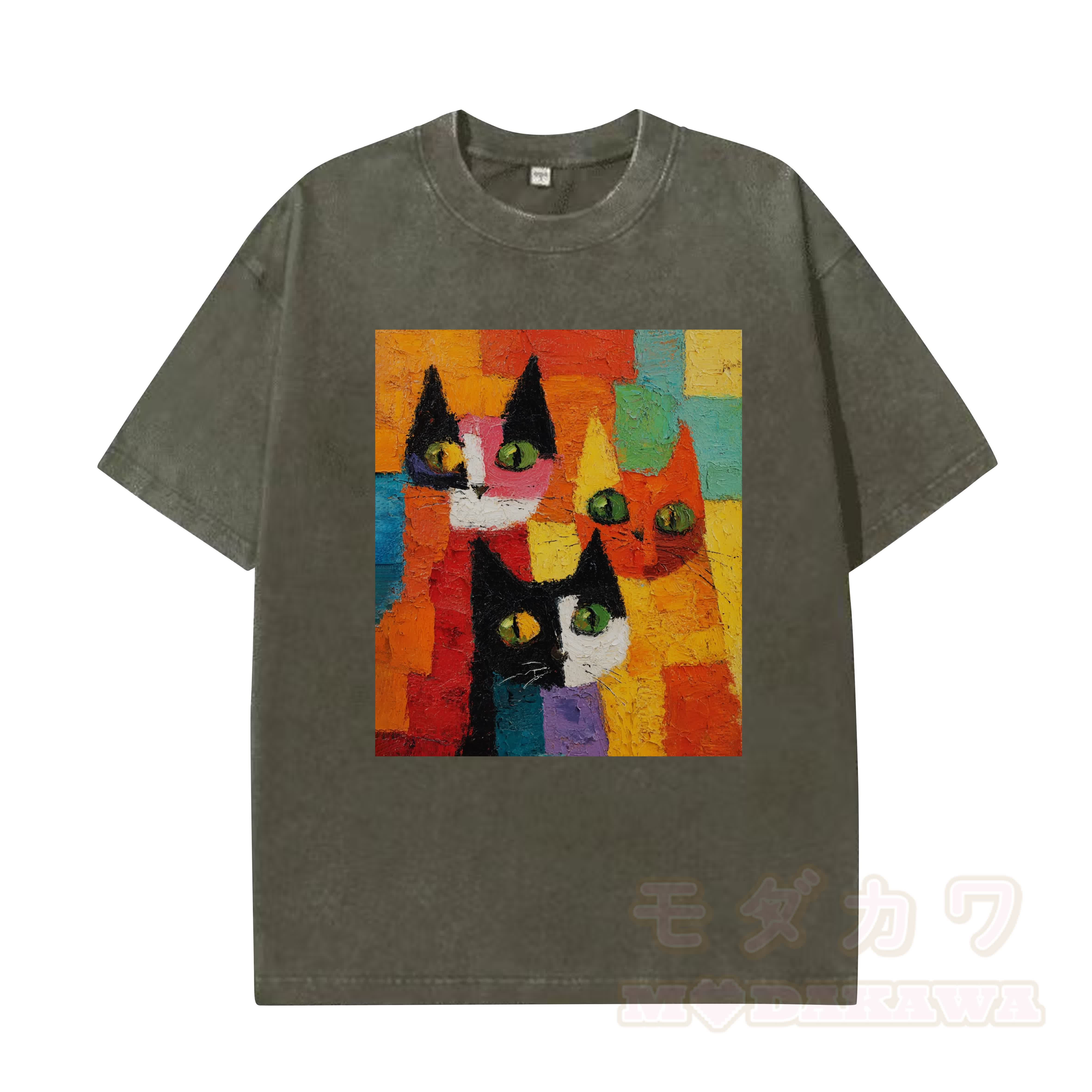 MODAKAWA T-Shirt im Vintage-Look mit niedlichem Katzenmotiv - Dunkelgrün - 5XL - image 5