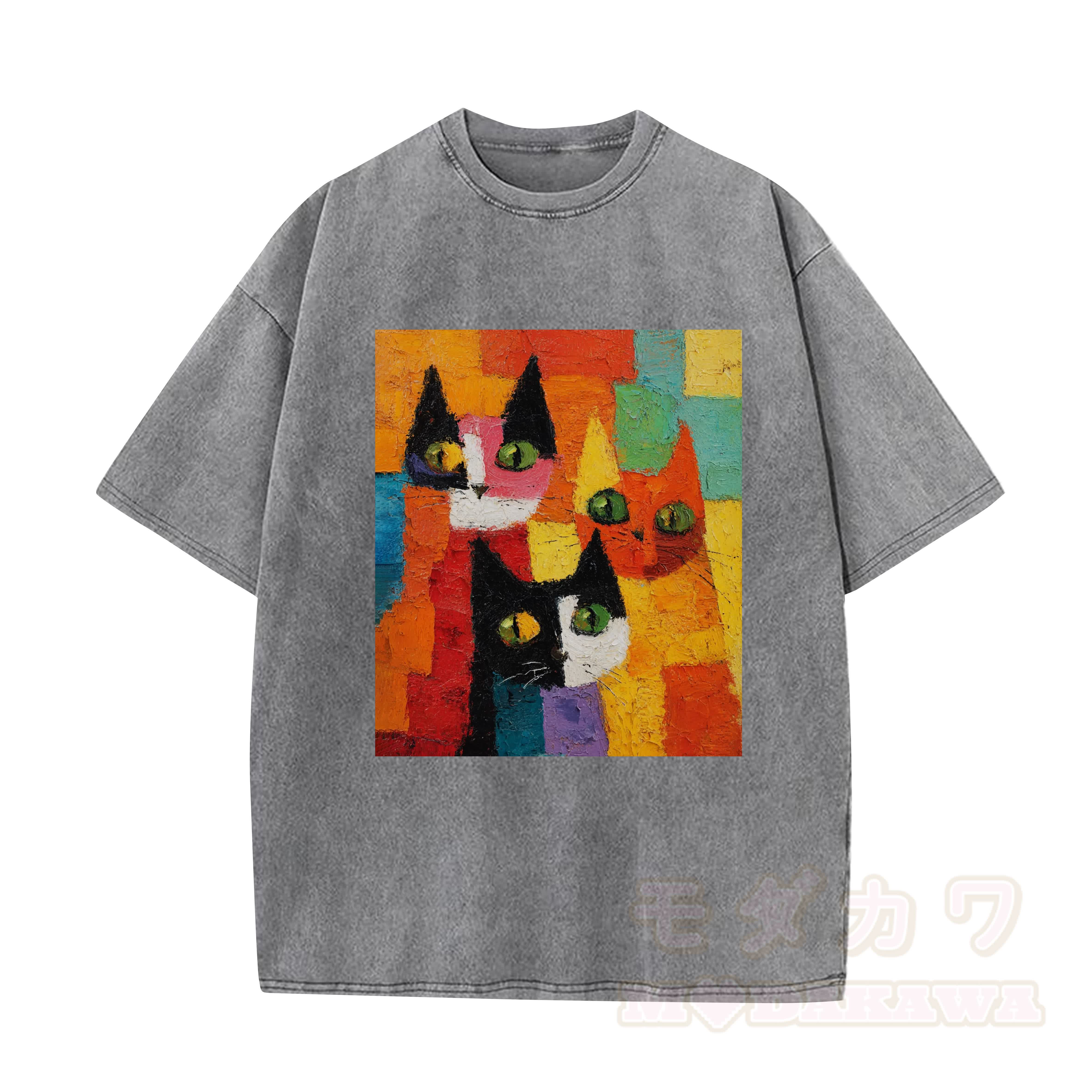 MODAKAWA T-Shirt im Vintage-Look mit niedlichem Katzenmotiv - Hellgrau - 5XL - image 3