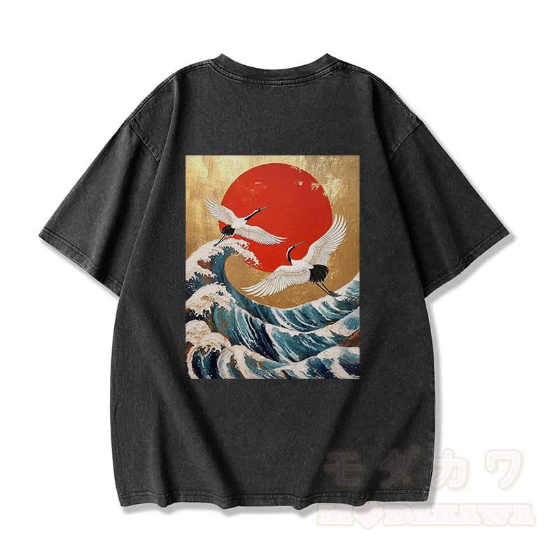 MODAKAWA Ocean Waves Grafik Vintage Washed 100% Baumwolle T-Shirt - Schwarz - 3XL - image 2