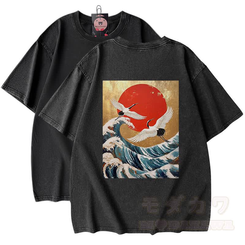 MODAKAWA Ocean Waves Grafik Vintage Washed 100% Baumwolle T-Shirt - image 1
