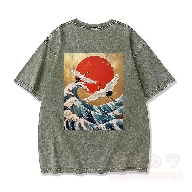 MODAKAWA Ocean Waves Grafik Vintage Washed 100% Baumwolle T-Shirt - Grün - 3XL - image 6