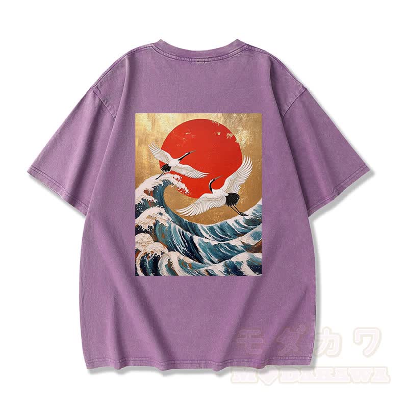 MODAKAWA Ocean Waves Grafik Vintage Washed 100% Baumwolle T-Shirt - Lila - 3XL - image 4