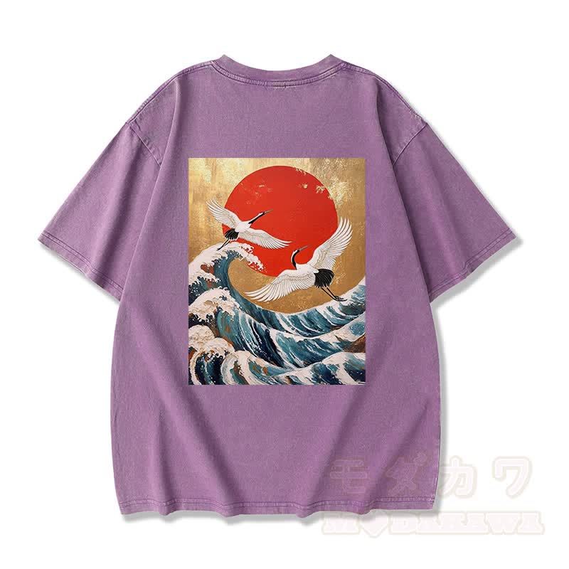MODAKAWA Ocean Waves Grafik Vintage Washed 100% Baumwolle T-Shirt - Lila - 3XL - image 4