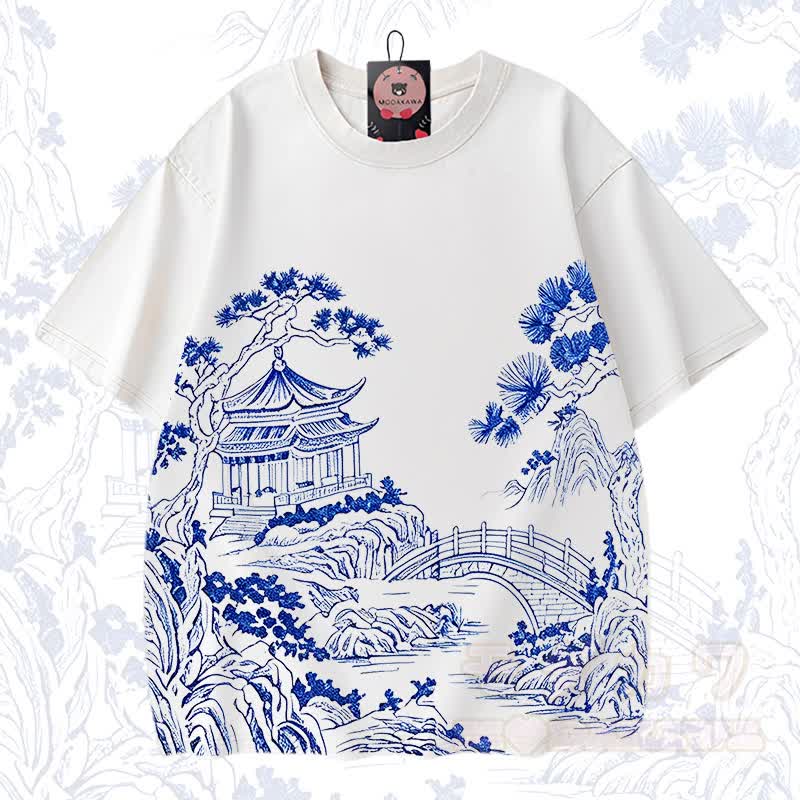 MODAKAWA T-Shirt mit chinesischem Landschaftsmuster, Vintage-Waschung, 100 % Baumwolle - Weiß - 3XL - image 1
