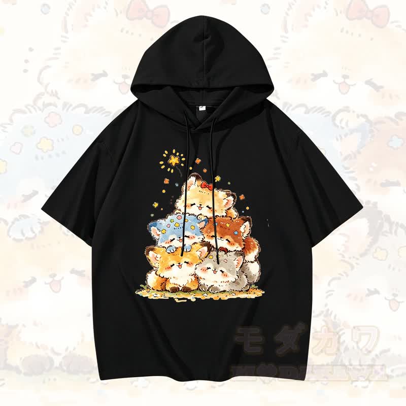 MODAKAWA Kurzarm-Hoodie mit lustigem Katzenmotiv – Lustiger Katzen-Hoodie - Schwarz - 3XL - image 1