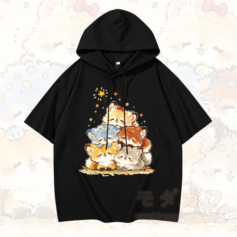 MODAKAWA Kurzarm-Hoodie mit lustigem Katzenmotiv – Lustiger Katzen-Hoodie - Schwarz - 3XL - image 1