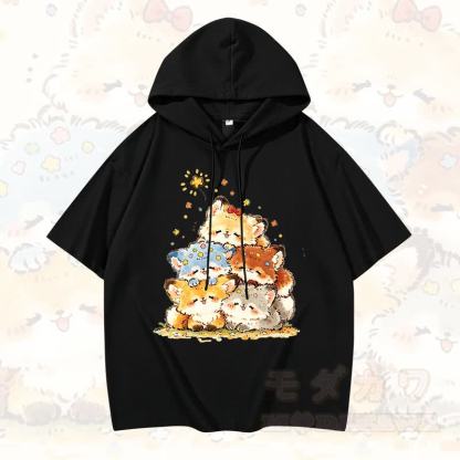 MODAKAWA Kurzarm-Hoodie mit lustigem Katzenmotiv – Lustiger Katzen-Hoodie - Schwarz - 3XL - image 1