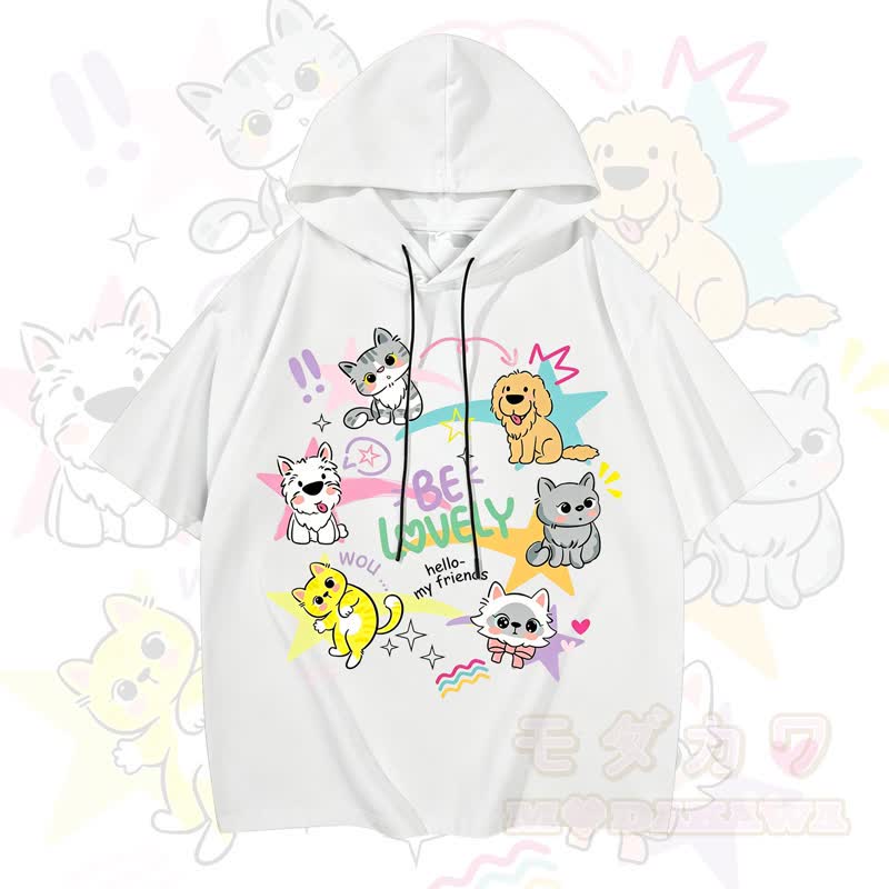 MODAKAWA Kurzarm-Hoodie mit lustigem Katzen- und Hundemotiv - Weiß - 3XL - image 5