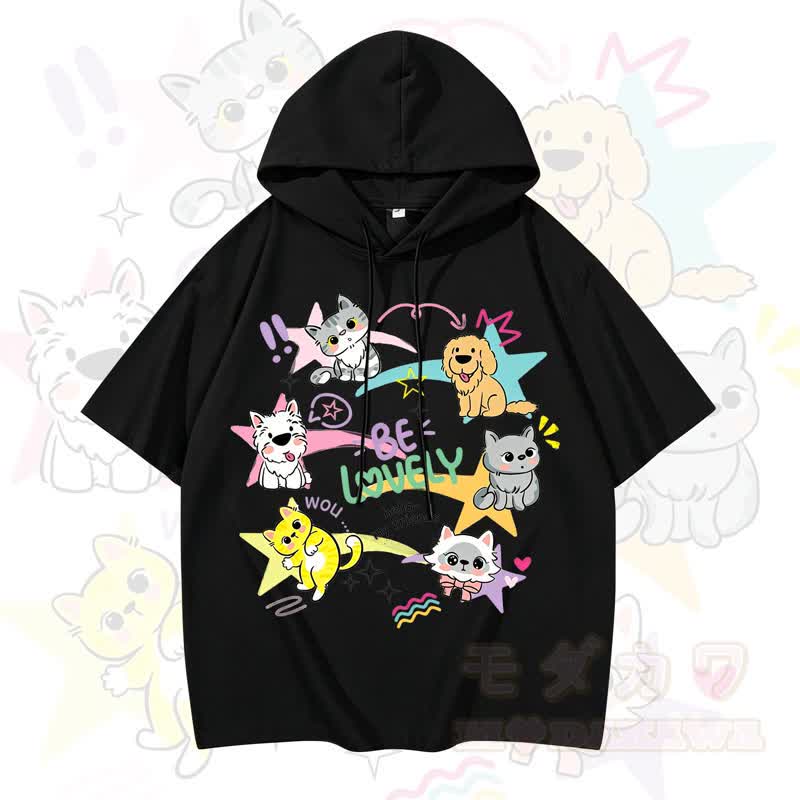 MODAKAWA Kurzarm-Hoodie mit lustigem Katzen- und Hundemotiv - Schwarz - 3XL - image 4