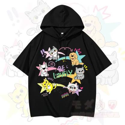 MODAKAWA Kurzarm-Hoodie mit lustigem Katzen- und Hundemotiv - Schwarz - 3XL - image 4