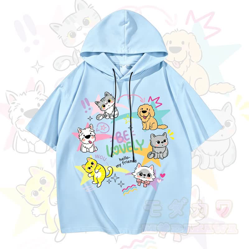 MODAKAWA Kurzarm-Hoodie mit lustigem Katzen- und Hundemotiv - Himmelblau - 3XL - image 3