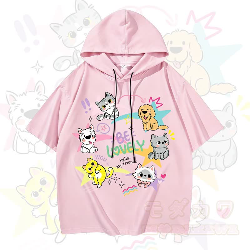 MODAKAWA Kurzarm-Hoodie mit lustigem Katzen- und Hundemotiv - Rosa - 3XL - image 2