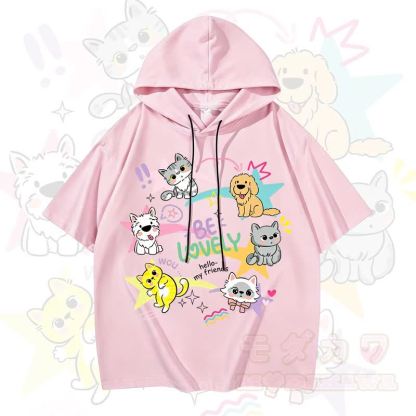 MODAKAWA Kurzarm-Hoodie mit lustigem Katzen- und Hundemotiv - Rosa - 3XL - image 2