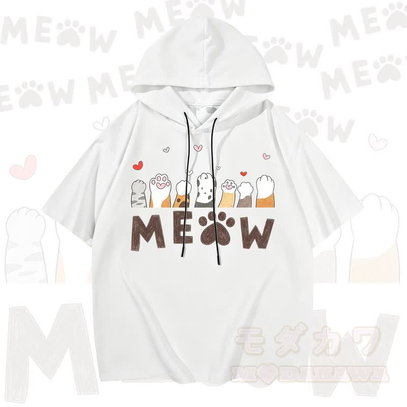 MODAKAWA Kurzarm-Hoodie mit niedlichem Katzenmotiv - Weiß - 3XL - image 2