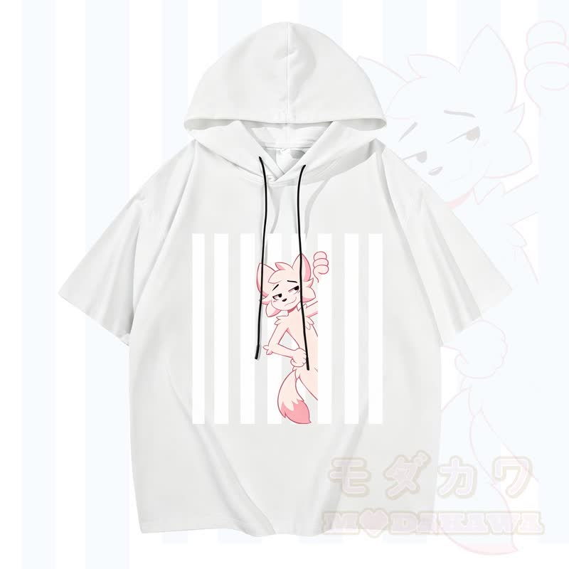 Modakawa Kurzarm-Hoodie mit lustigem Katzenmotiv und vertikalen Streifen - Weiß - 3XL - image 2