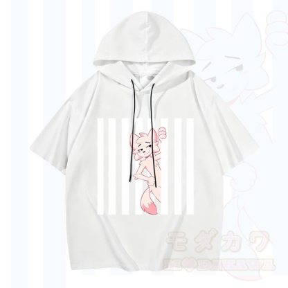 Modakawa Kurzarm-Hoodie mit lustigem Katzenmotiv und vertikalen Streifen - Weiß - 3XL - image 2