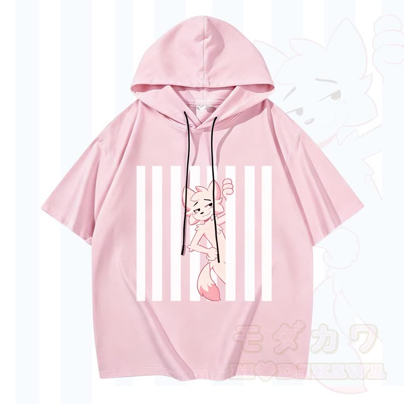 Modakawa Kurzarm-Hoodie mit lustigem Katzenmotiv und vertikalen Streifen - Rosa - 3XL - image 4