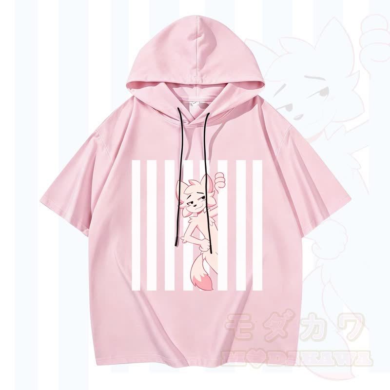 Modakawa Kurzarm-Hoodie mit lustigem Katzenmotiv und vertikalen Streifen - Rosa - 3XL - image 4