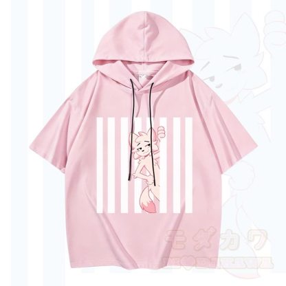 Modakawa Kurzarm-Hoodie mit lustigem Katzenmotiv und vertikalen Streifen - Rosa - 3XL - image 4
