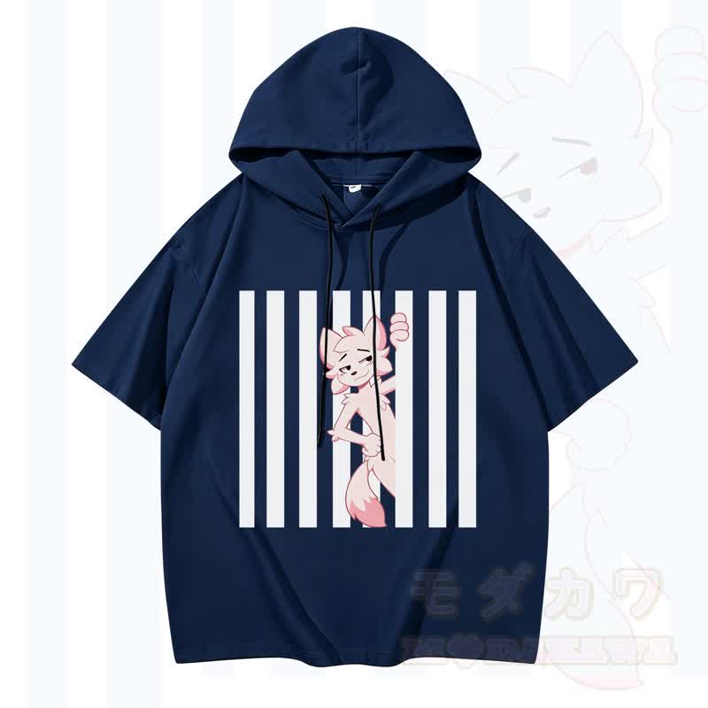 Modakawa Kurzarm-Hoodie mit lustigem Katzenmotiv und vertikalen Streifen - Marine - 3XL - image 3