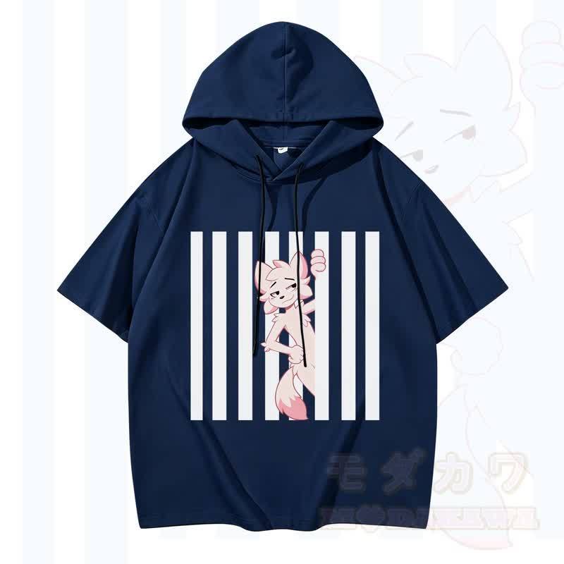 Modakawa Kurzarm-Hoodie mit lustigem Katzenmotiv und vertikalen Streifen - Marine - 3XL - image 3