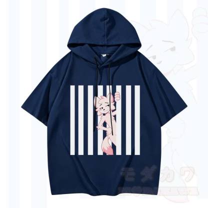 Modakawa Kurzarm-Hoodie mit lustigem Katzenmotiv und vertikalen Streifen - Marine - 3XL - image 3