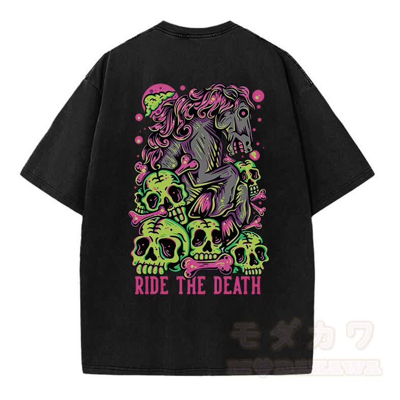 MODAKAWA RIDE THE DEATH Totenkopf-Grafik Vintage Washed T-Shirt - Schwarz - 5XL - image 2