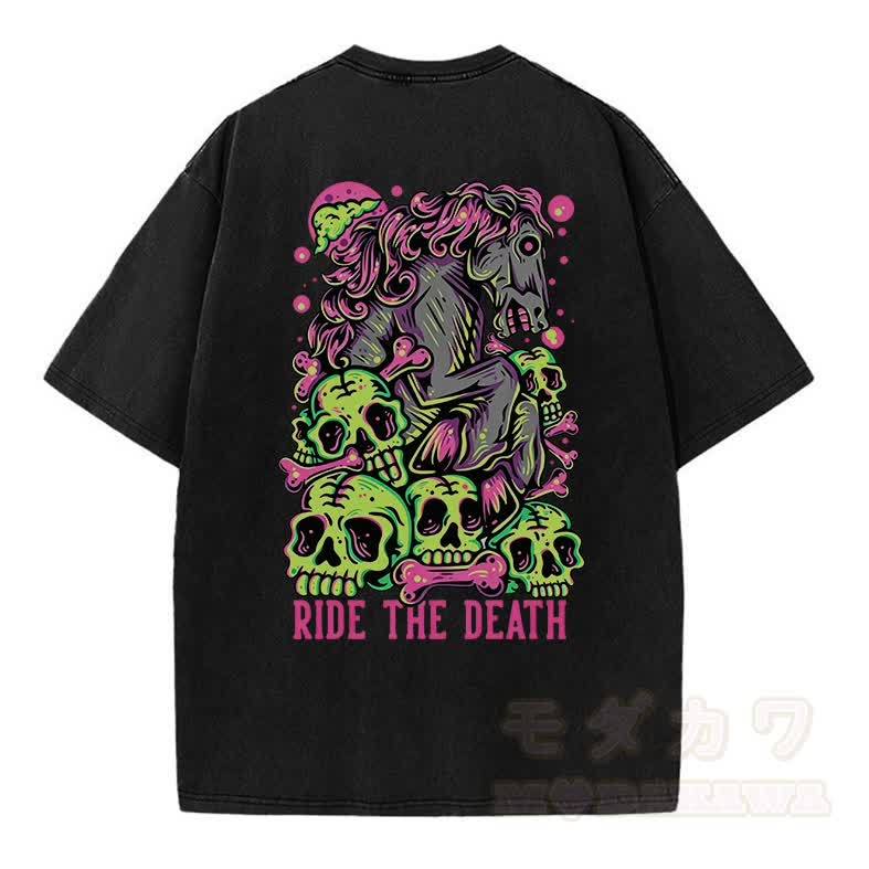 MODAKAWA RIDE THE DEATH Totenkopf-Grafik Vintage Washed T-Shirt - Schwarz - 5XL - image 2