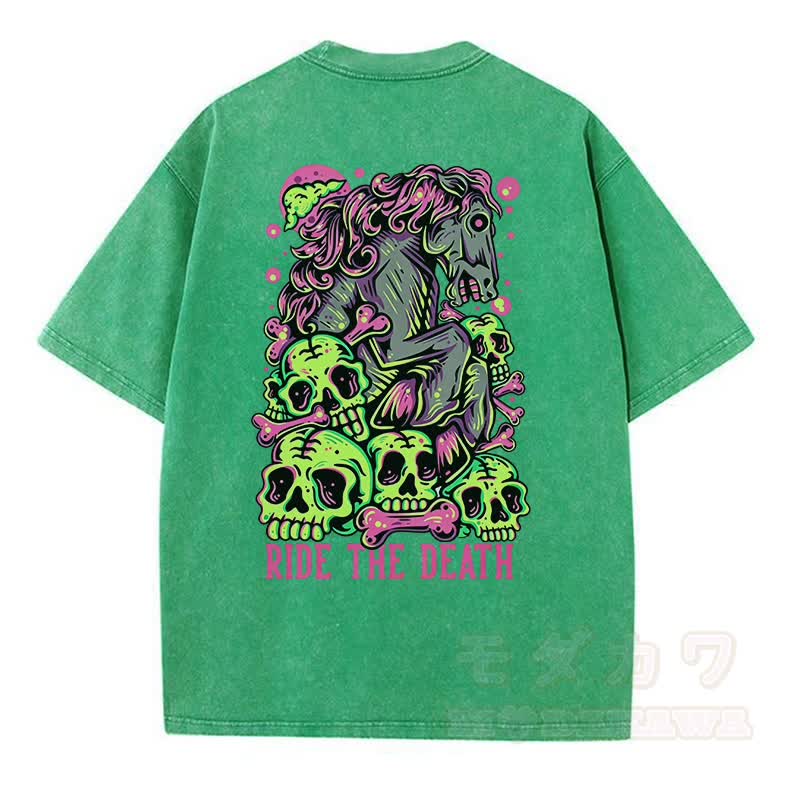 MODAKAWA RIDE THE DEATH Totenkopf-Grafik Vintage Washed T-Shirt - Grün - 5XL - image 10