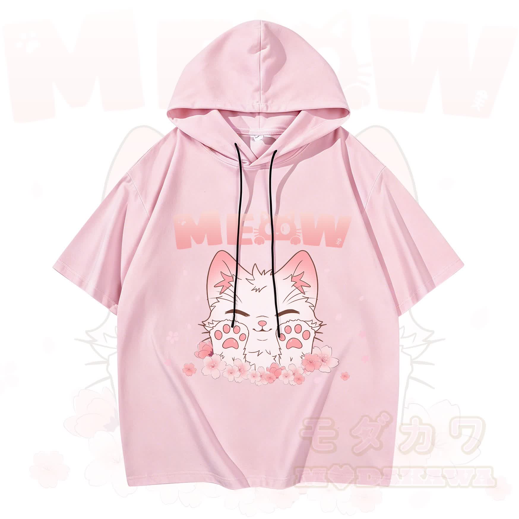 MODAKAWA MEW Anime-Katzen-Grafik-Kurzarm-Hoodie - Rosa - 3XL - image 2