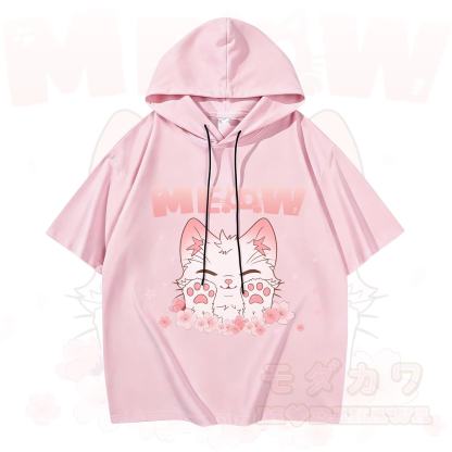 MODAKAWA MEW Anime-Katzen-Grafik-Kurzarm-Hoodie - Rosa - 3XL - image 2