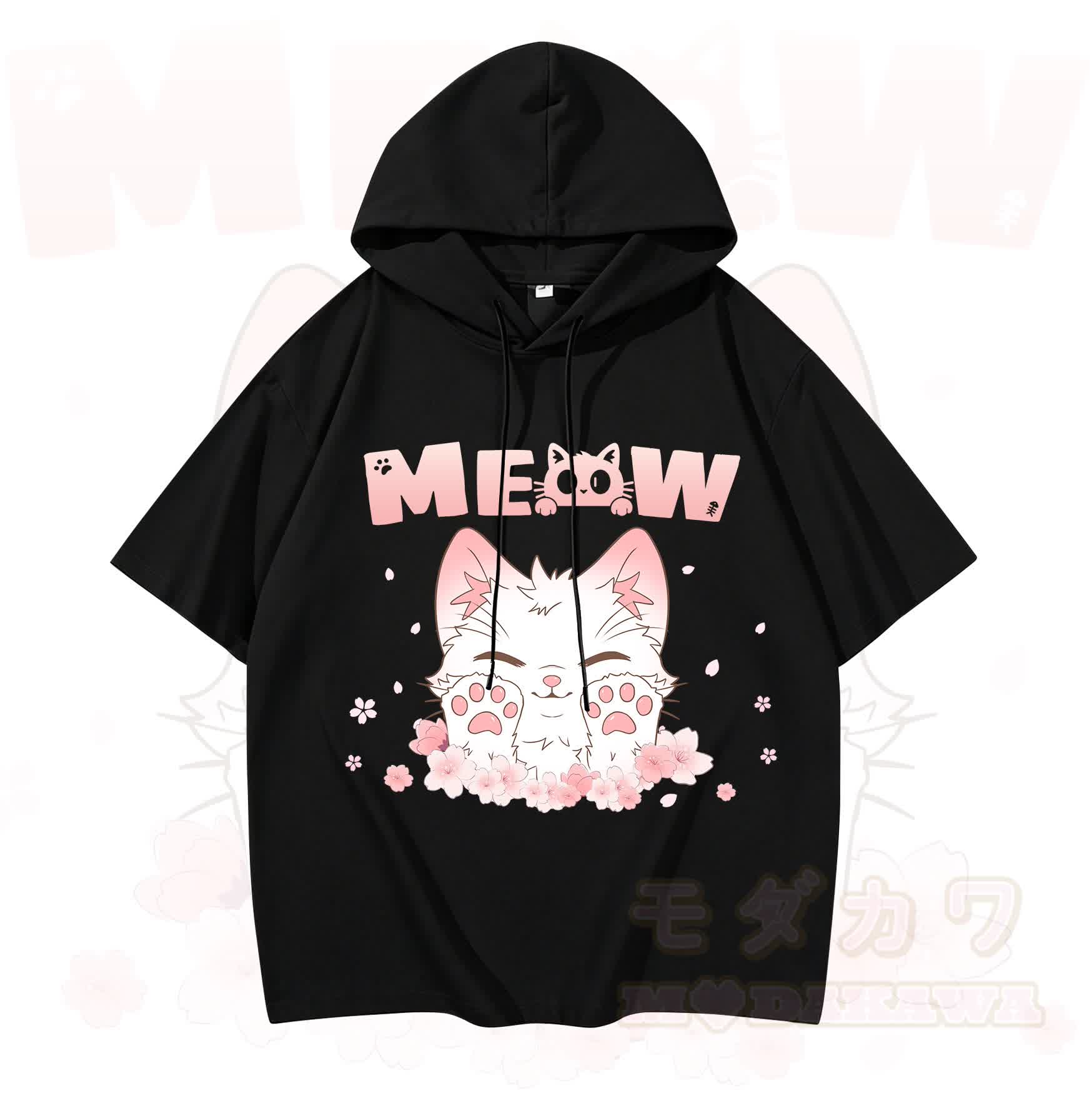 MODAKAWA MEW Anime-Katzen-Grafik-Kurzarm-Hoodie - Schwarz - 3XL - image 1