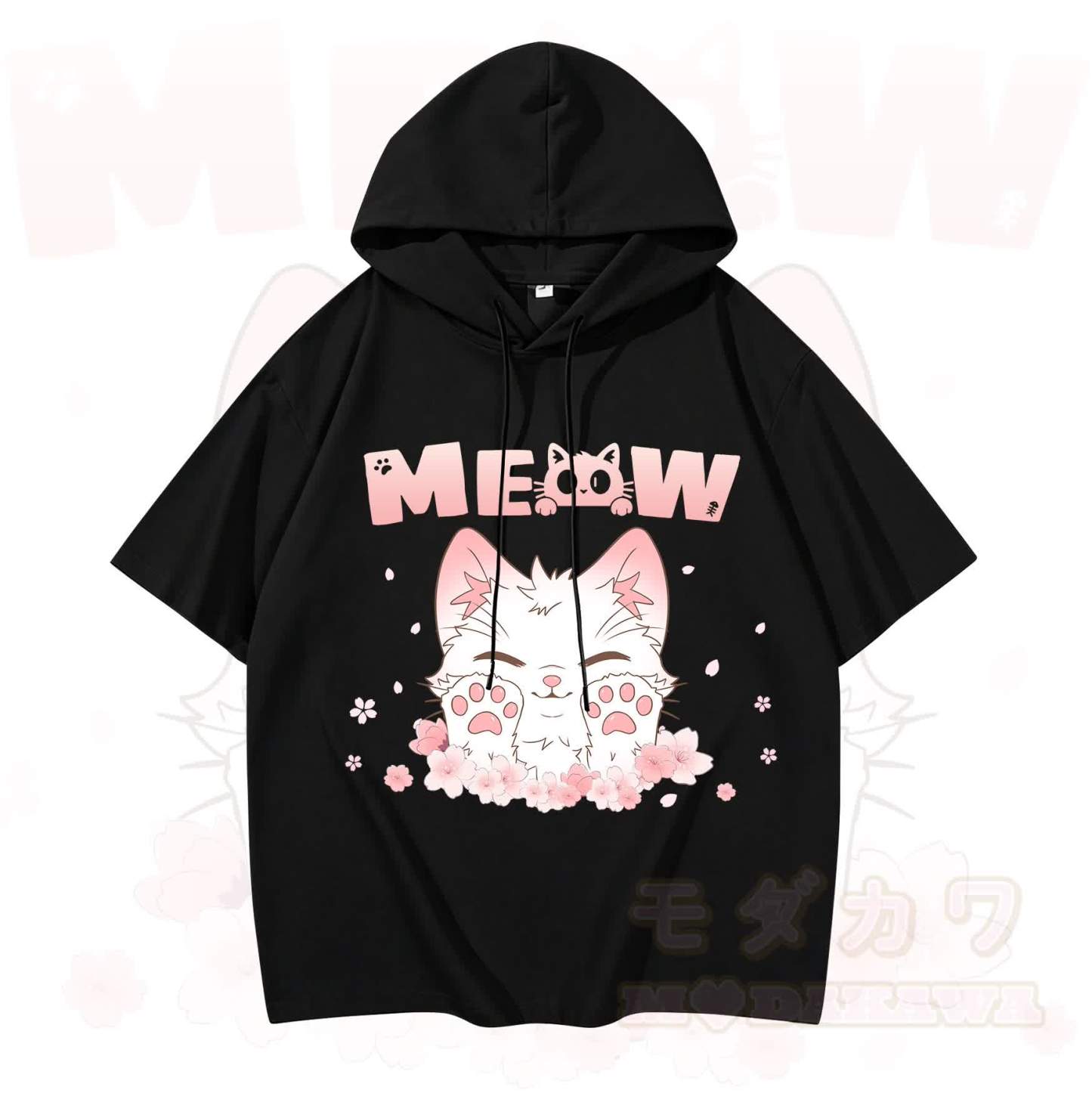 MODAKAWA MEW Anime-Katzen-Grafik-Kurzarm-Hoodie - Schwarz - 3XL - image 1