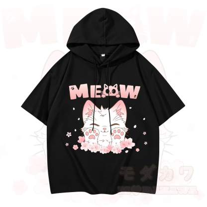 MODAKAWA MEW Anime-Katzen-Grafik-Kurzarm-Hoodie - Schwarz - 3XL - image 1