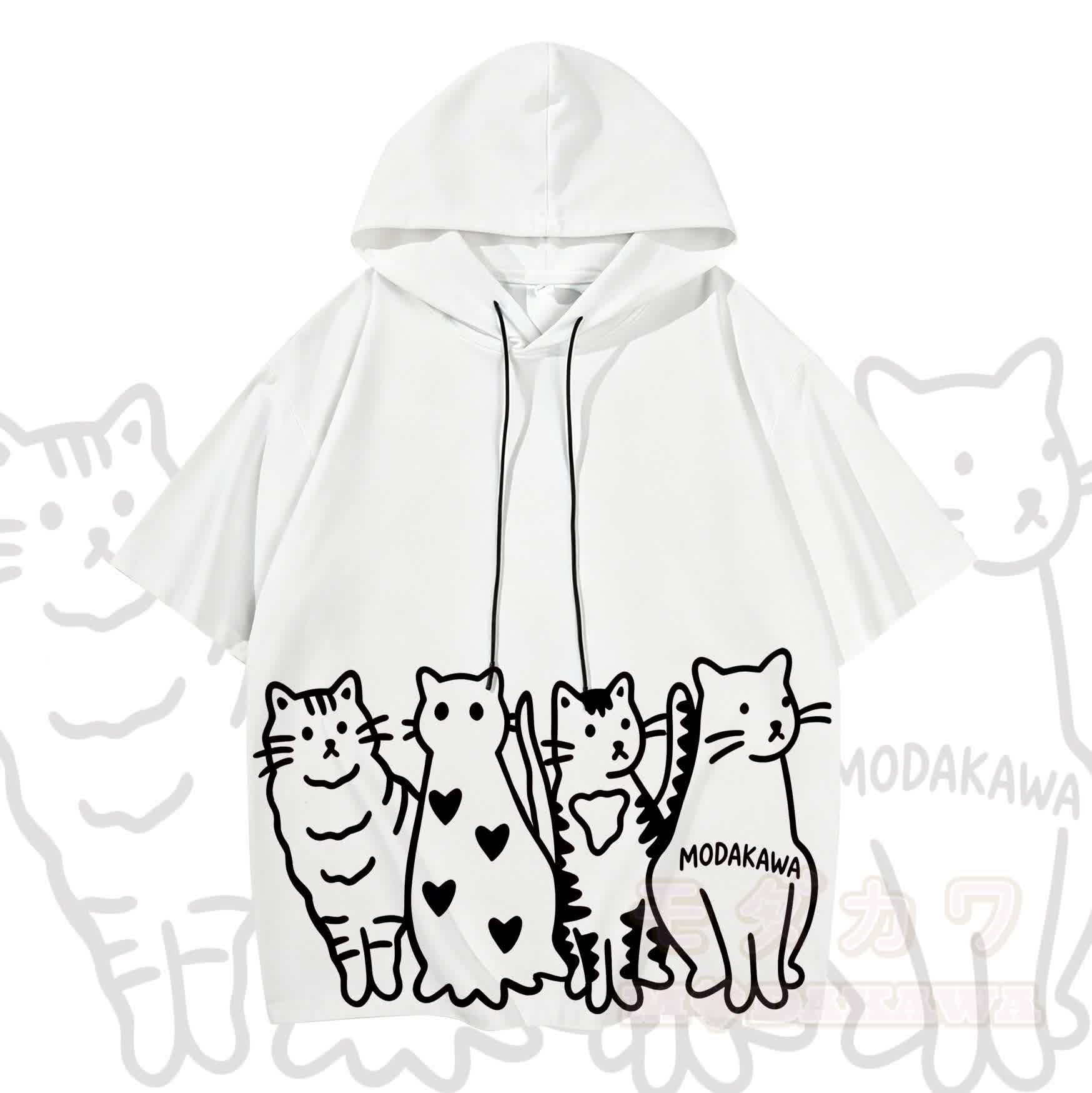 MODAKAWA Kurzarm-Hoodie mit verspieltem Katzenprint - Weiß & Schwarz - 3XL - image 9