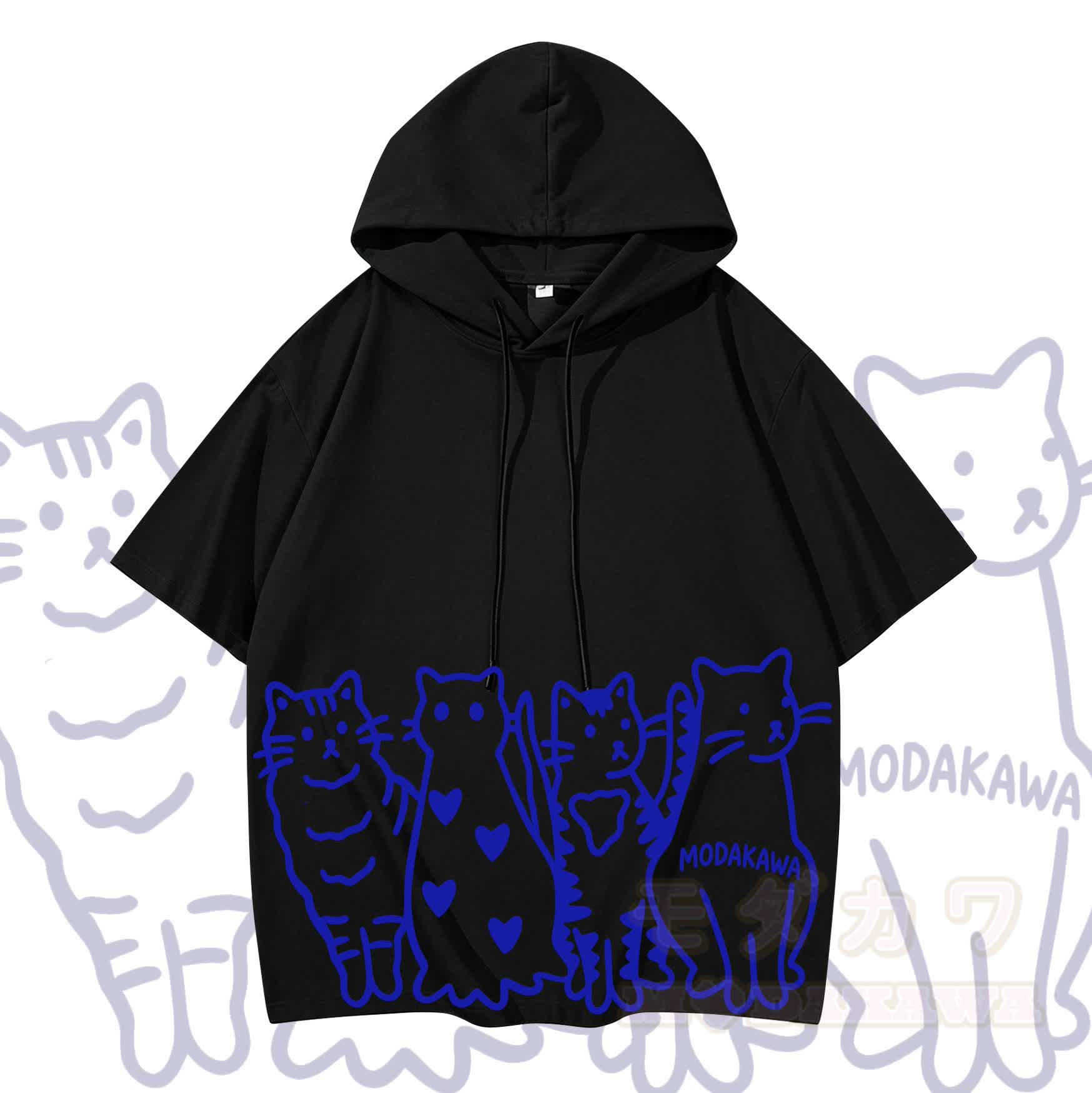 MODAKAWA Kurzarm-Hoodie mit verspieltem Katzenprint - Schwarz & Dunkelblau - 3XL - image 7