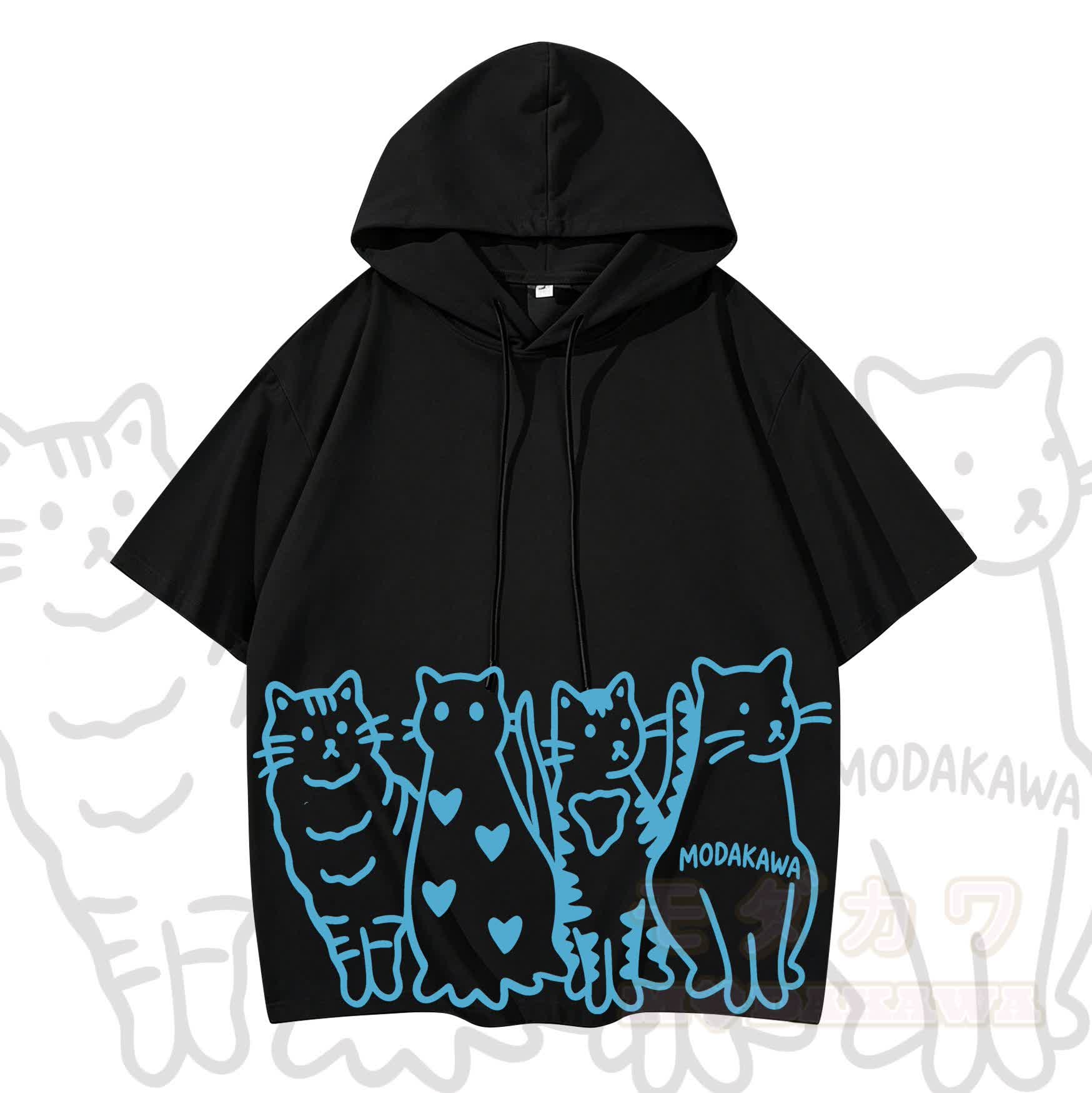 MODAKAWA Kurzarm-Hoodie mit verspieltem Katzenprint - Schwarz & Himmelblau - 3XL - image 6