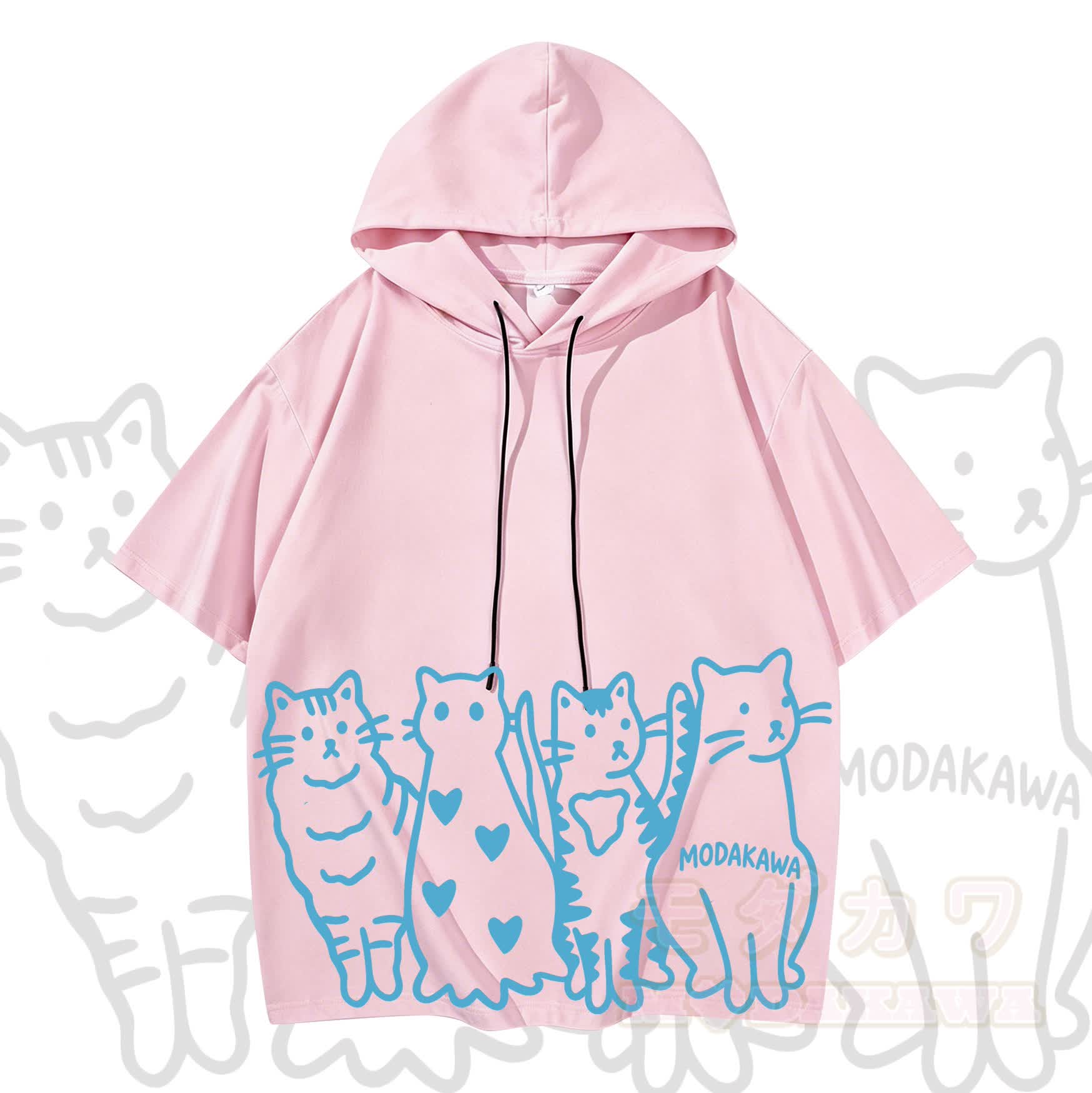 MODAKAWA Kurzarm-Hoodie mit verspieltem Katzenprint - Rosa & Blau - 3XL - image 3