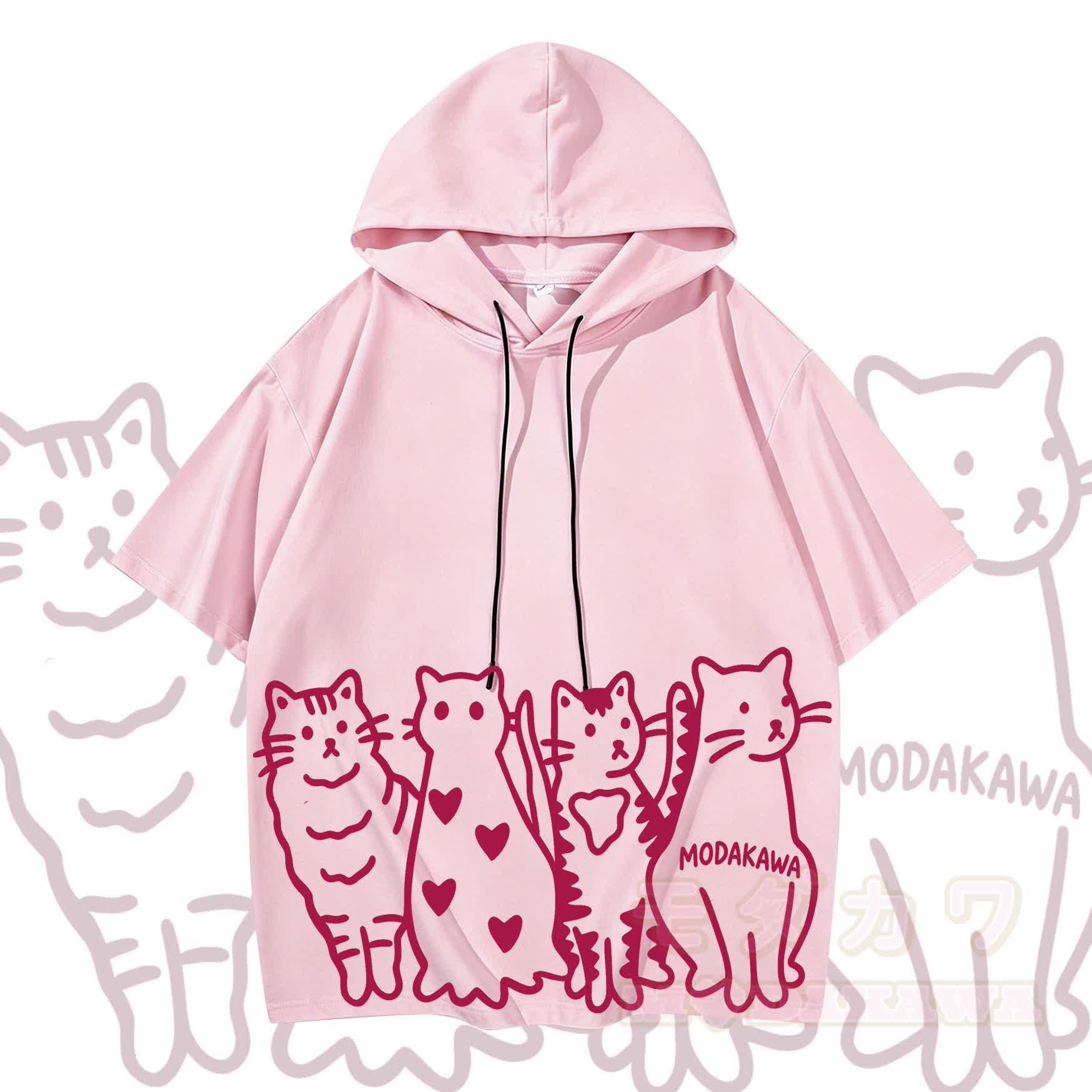 MODAKAWA Kurzarm-Hoodie mit verspieltem Katzenprint - Rosa - 3XL - image 1