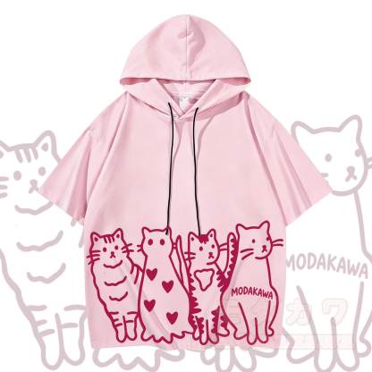 MODAKAWA Kurzarm-Hoodie mit verspieltem Katzenprint - Rosa - 3XL - image 1