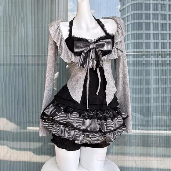 Schwarzes Spitzen-Cami-Top mit grauer Strickjacke und Minirock – dreiteiliges Set - Trägertop + Strickjacke - XL - image 3