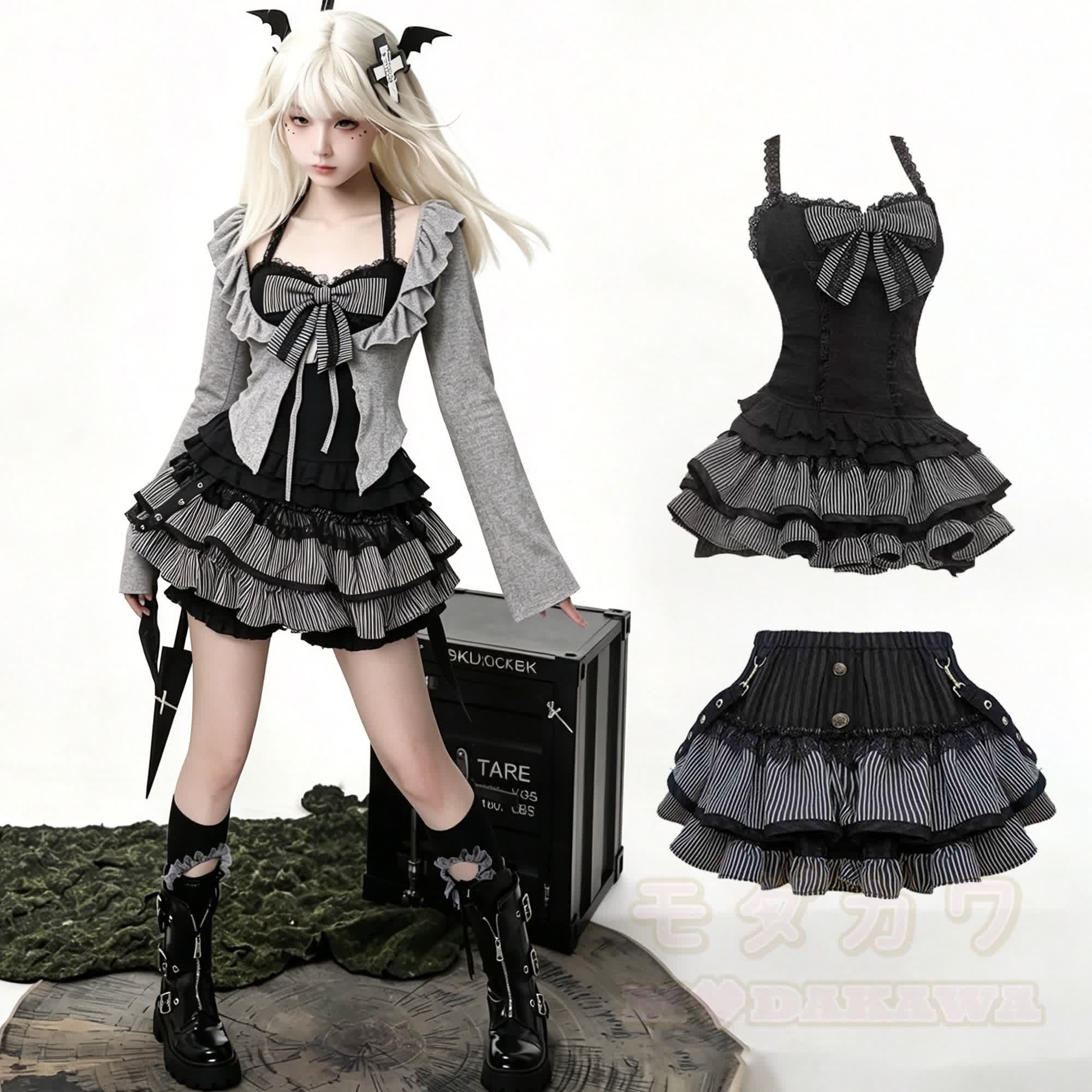 Schwarzes Spitzen-Cami-Top mit grauer Strickjacke und Minirock – dreiteiliges Set - Satz - XL - image 1