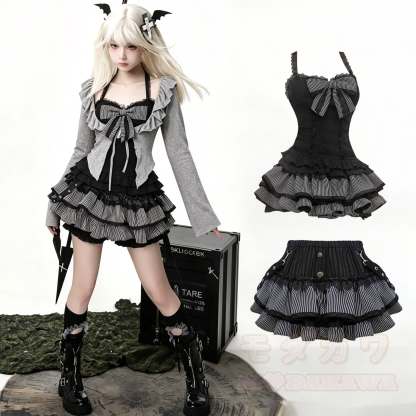 Schwarzes Spitzen-Cami-Top mit grauer Strickjacke und Minirock – dreiteiliges Set - Satz - XL - image 1